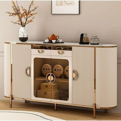 Modern Coffee Bar Sideboard Cabinet with Water Heating Function, Touch Panel Control, Glass Display, Fluted Doors, Gold Accents, Buffet for Dining Room, Living Room or kitchen  - Off White