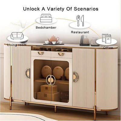 Modern Coffee Bar Sideboard Cabinet with Water Heating Function, Touch Panel Control, Glass Display, Fluted Doors, Gold Accents, Buffet for Dining Room, Living Room or kitchen  - Off White