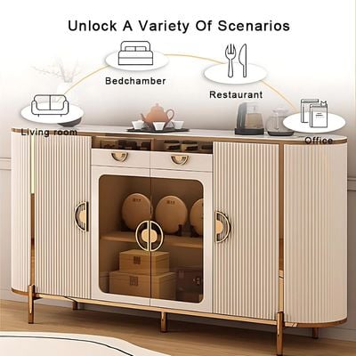 Modern Coffee Bar Sideboard Cabinet with Water Heating Function, Touch Panel Control, Glass Display, Fluted Doors, Gold Accents, Buffet for Dining Room, Living Room or kitchen  - Grayish