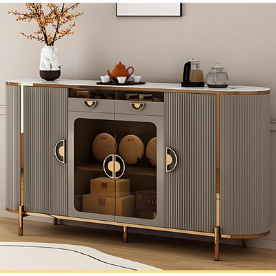 Modern Coffee Bar Sideboard Cabinet with Water Heating Function, Touch Panel Control, Glass Display, Fluted Doors, Gold Accents, Buffet for Dining Room, Living Room or kitchen  - Grayish