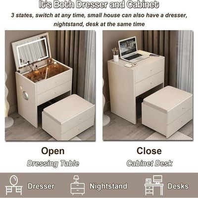 Dressing Table Smart Modern Compact Vanity Table With Mirror In 3 Modes LED Light And Folding Bench 4 Storage Drawers Bluetooth Speaker, USB Ports, 80x70x40 cm