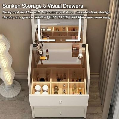 Dressing Table Smart Modern Compact Vanity Table With Mirror In 3 Modes LED Light And Folding Bench 4 Storage Drawers Bluetooth Speaker, USB Ports, 80x70x40 cm