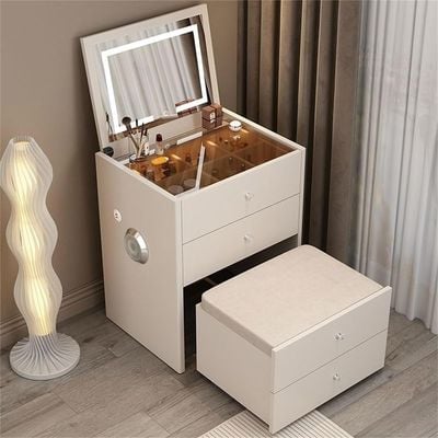 Dressing Table Smart Modern Compact Vanity Table With Mirror In 3 Modes LED Light And Folding Bench 4 Storage Drawers Bluetooth Speaker, USB Ports, 80x70x40 cm