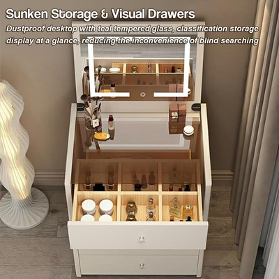 Dressing Table Smart Modern Compact Vanity Table With Mirror In 3 Modes LED Light And Folding Bench 4 Storage Drawers  80x70x40 cm