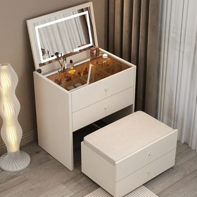 Dressing Table Smart Modern Compact Vanity Table With Mirror In 3 Modes LED Light And Folding Bench 4 Storage Drawers  80x70x40 cm