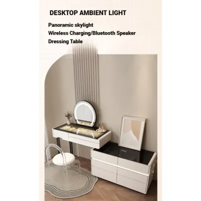 Smart Vanity Table, Dressing Table with Mirror, Chair and Double Chest Drawers Feature a Wireless Charging Speaker LED Light - White