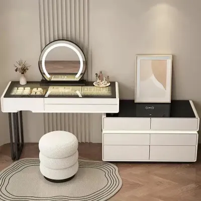 Smart Vanity Table, Dressing Table with Mirror, Chair and Double Chest Drawers Feature a Wireless Charging Speaker LED Light - White