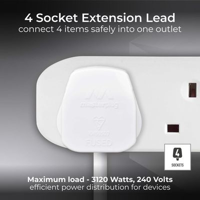 Masterplug BFG3N-ME 3m Extension Cord - 4 Socket Power Cable Extender with Safety Shutters, BS1363-2 Certified, Wall-Mountable Wire Extension for Home & Office