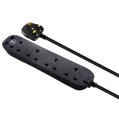 Masterplug SRG4210NB-ME 2m Extension Cord – 4 Sockets Surge Protected Power Cable Extender, Wire Extension with Safety Shutters, Black