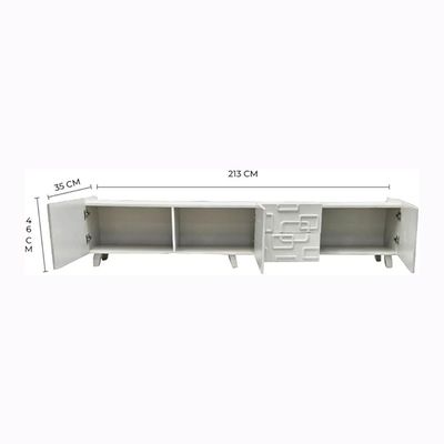 Modern White TV Stand Cabinet with Storage Shelves, Unique Design, and Entertainment Center for Living Room