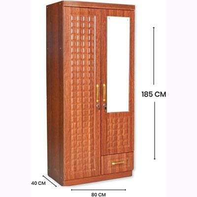 Empirefurniture Wooden Wardrobe with 2 Lockable Doors, Front Mirror, Cupboard, and Storage Drawer – Modern Bedroom Cabinet with Shelves and Hanging Rod (Cherry)