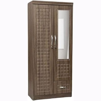 Empirefurniture Wooden Wardrobe with 2 Lockable Doors, Front Mirror, Cupboard, and Storage Drawer – Modern Bedroom Cabinet with Shelves and Hanging Rod (Oak)