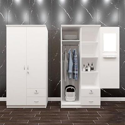 Modern White Wardrobe for Bedroom - Empire Furniture Heavy Duty Solid Wood Wardrobe 2-Door Closet with Secure Storage & Lockable 2 Drawers