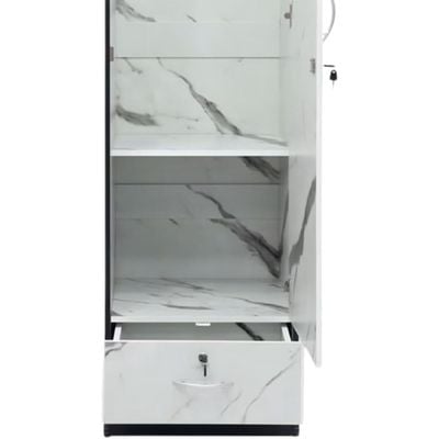 Rustic Solid Wood 1 Door Wardrobe Cabinet with Drawer, Lock, Keys, and Shelves, Suitable for small rooms - 50 x 52 x 190 cm White Marble Finish