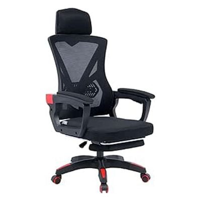 Ergonomic Gaming and Office Chair with Lumbar Support, High-Back Design, Mesh, Reclining Backrest, Footrest, Headrest, Thick Seat Cushion, Adjustable Armrests, and Rollerblade Wheels – Black/Red