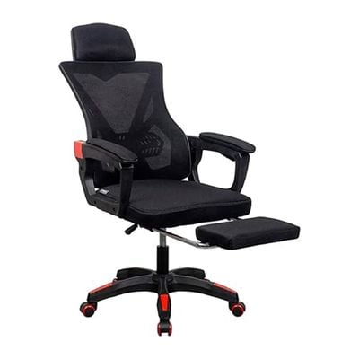 Ergonomic Gaming and Office Chair with Lumbar Support, High-Back Design, Mesh, Reclining Backrest, Footrest, Headrest, Thick Seat Cushion, Adjustable Armrests, and Rollerblade Wheels – Black/Red