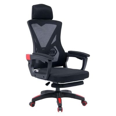 Ergonomic Gaming and Office Chair with Lumbar Support, High-Back Design, Mesh, Reclining Backrest, Footrest, Headrest, Thick Seat Cushion, Adjustable Armrests, and Rollerblade Wheels – Black/Red