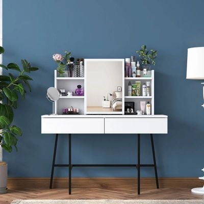 Home Canvas Allure Dressing Table Stylish Storage with Mirror and Sturdy Metal Base - White 