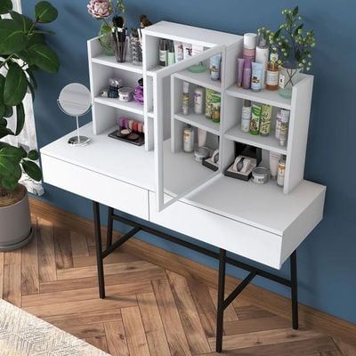 Home Canvas Allure Dressing Table Stylish Storage with Mirror and Sturdy Metal Base - White 