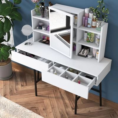 Home Canvas Allure Dressing Table Stylish Storage with Mirror and Sturdy Metal Base - White 