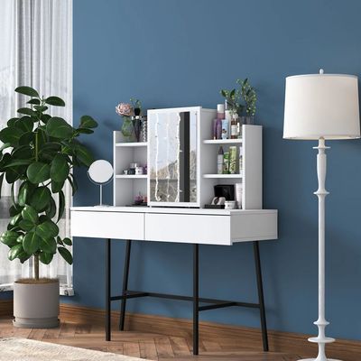 Home Canvas Allure Dressing Table Stylish Storage with Mirror and Sturdy Metal Base - White 