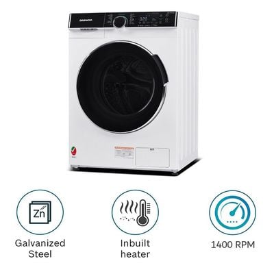 Daewoo Front Load Washing Machine, 7 Kg, Super Cube Drum, Super Steam, Drum Clean, Night Wash,  Bldc Inverter Motor, 1400 Rpm, White With Black Door  , 7 Kg, Front Loading, 1400 Rpm, Bldc Inverter Motor, Super Steam, White , Dwd-7W1412I