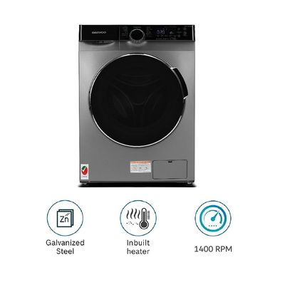 Daewoo Front Load Washing Machine, 8 Kg, Super Cube Drum, Super Steam, Drum Clean, Night Wash, Bldc Inverter Motor,  1400 Rpm, Silver With Black Door , 8 Kg, Front Loading, 1400 Rpm, Bldc Inverter Motor, Super Steam,  Dark Silver, Dwd-8S1413I