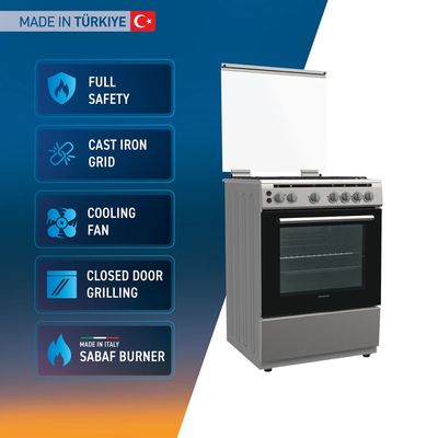 Daewoo Gas Cooker, Gas Oven, 60 Cm, Cast Iron, 60X60, 65L Capacity, Made In Turkiye,  Full Safety, Turkey, Sabaf Burners , 65 Litre, Sabaf Burner, Full Safety , Easy-Clean Oven , Gas Oven , Stainless Steel , Dgc-S664M