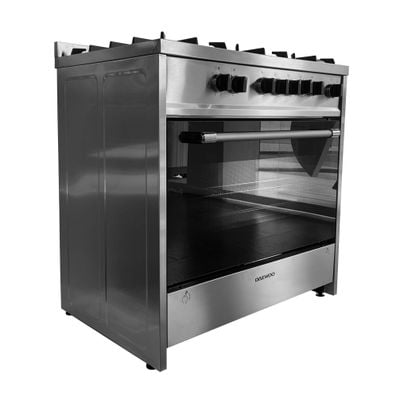 Daewoo Multifunction Gas Cooker, Top Gas, Electric Oven,  60 Cm, Cast Iron, 60X60, Made In Portugal, Full Safety, Double Ring Burner. Sabaf Burners, Convection Fan  , 90 Litre, Sabaf Burner, Full Safety , Easy-Clean Oven , Electric Oven , Stainless Steel , Dge-S965He