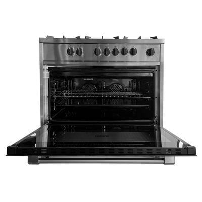 Daewoo Multifunction Gas Cooker, Top Gas, Electric Oven,  60 Cm, Cast Iron, 60X60, Made In Portugal, Full Safety, Double Ring Burner. Sabaf Burners, Convection Fan  , 90 Litre, Sabaf Burner, Full Safety , Easy-Clean Oven , Electric Oven , Stainless Steel , Dge-S965He