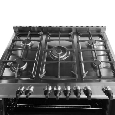 Daewoo Multifunction Gas Cooker, Top Gas, Electric Oven,  60 Cm, Cast Iron, 60X60, Made In Portugal, Full Safety, Double Ring Burner. Sabaf Burners, Convection Fan  , 90 Litre, Sabaf Burner, Full Safety , Easy-Clean Oven , Electric Oven , Stainless Steel , Dge-S965He