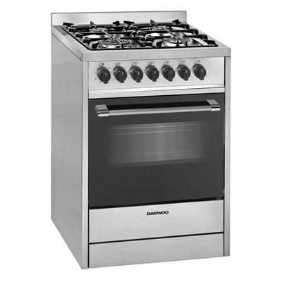 Daewoo Multifunction Gas Cooker, Top Gas, Electric Oven, 90 Cm, Cast Iron, 90X60, Made In Portugal, Full Safety, Double Ring Burner. Sabaf Burners, Dual Convection Fan  , 65 Litre, Sabaf Burner, Full Safety , Easy-Clean Oven , Electric Oven , Stainless Steel , Dge-S664He