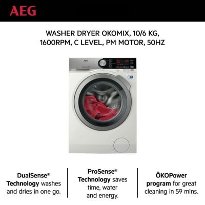 Aeg Standalone Washer Dryer , Frontload Washer/Dryer, 10 Kg, Free Standing, Prosense Technology, Stain Removal, Eco Wash, White , Lwx8C1612W