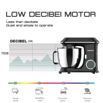 Daewoo Kitchen Machine , 6.5 Litre , 1100 W, Non-Slip, Low Noise, 6 Speed + Pulse, Large Bowl, Black, Dkm 6552