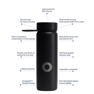 Bluewater Water Bottles , Premium Stainless Steel, 400Ml, Double Wall, Leakproof, Bpa Free, Black, Bw-6910400003-Ss-Black