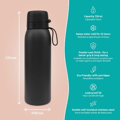 Tappwater Water Bottles , Bottlepro, Reusable Bottle, Filters +80 Contaminants, Sustainable Refills And Airtight Closure, Bottle With Filter, 750Ml, Black, Btlpro-B101A