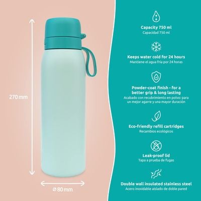 Tappwater Water Bottles , Bottlepro, Reusable Bottle, Filters +80 Contaminants, Sustainable Refills And Airtight Closure, Bottle With Filter, 750Ml, Green, Btlpro-G101A