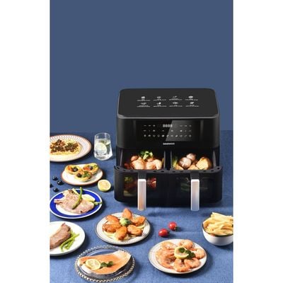 Daewoo Air Fryer , 4.5 + 4.5 Litre, Dual Zone, 2400 W, Non-Stick Tray, 60-200 C, 60 Mins Timer, 11 Presets, Black, Daf 90Dv