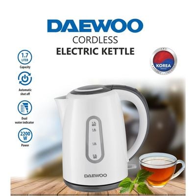 Daewoo Kettle , 1.7 Litre , 1850 - 2200 W, Water Level Indicator, Easy Clean, Auto Shut-Off, White, Dek 8806