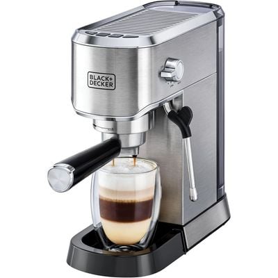 Black + Decker Coffee Maker , 15-Bar, Espresso Coffee Machine, Milk Frothier, 1450W, Ideal For Cappuccino, Latte, Americano, Macchiato, Thermo Block Heating, Dual-Level Drip Tray, Silver, Ecm150-B5