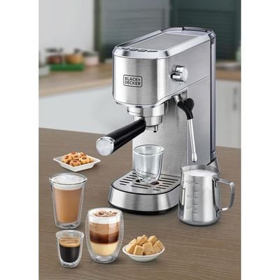 Black + Decker Coffee Maker , 15-Bar, Espresso Coffee Machine, Milk Frothier, 1450W, Ideal For Cappuccino, Latte, Americano, Macchiato, Thermo Block Heating, Dual-Level Drip Tray, Silver, Ecm150-B5