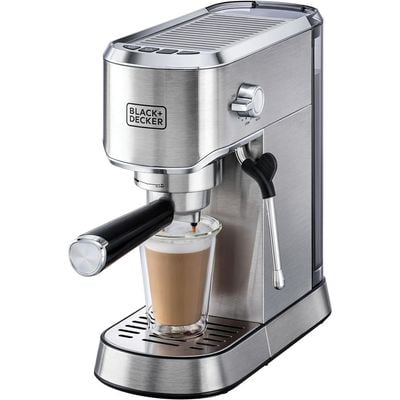 Black + Decker Coffee Maker , 15-Bar, Espresso Coffee Machine, Milk Frothier, 1450W, Ideal For Cappuccino, Latte, Americano, Macchiato, Thermo Block Heating, Dual-Level Drip Tray, Silver, Ecm150-B5