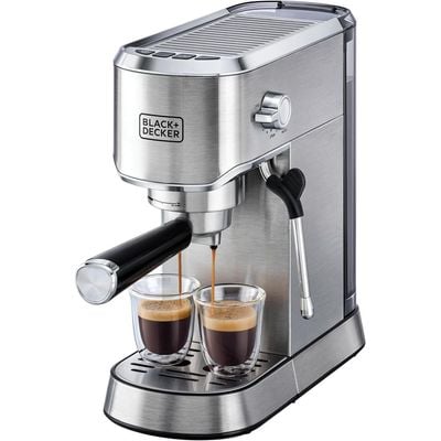 Black + Decker Coffee Maker , 15-Bar, Espresso Coffee Machine, Milk Frothier, 1450W, Ideal For Cappuccino, Latte, Americano, Macchiato, Thermo Block Heating, Dual-Level Drip Tray, Silver, Ecm150-B5