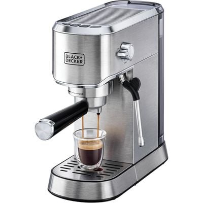 Black + Decker Coffee Maker , 15-Bar, Espresso Coffee Machine, Milk Frothier, 1450W, Ideal For Cappuccino, Latte, Americano, Macchiato, Thermo Block Heating, Dual-Level Drip Tray, Silver, Ecm150-B5