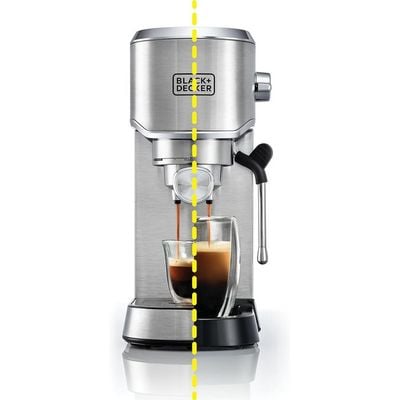 Black + Decker Coffee Maker , 15-Bar, Espresso Coffee Machine, Milk Frothier, 1450W, Ideal For Cappuccino, Latte, Americano, Macchiato, Thermo Block Heating, Dual-Level Drip Tray, Silver, Ecm150-B5