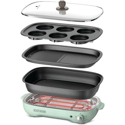 Black + Decker Grill , 3-In-1, Multifunction Grill, 1400W, 4L Family-Sized Capacity, Dual Pattern Grill Plate, 3 Interchangeable Non-Stick Pans For Hotpot, Grilling, Baking & Frying, Green, Gmf1400-B5