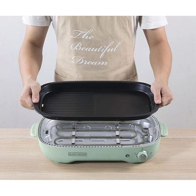 Black + Decker Grill , 3-In-1, Multifunction Grill, 1400W, 4L Family-Sized Capacity, Dual Pattern Grill Plate, 3 Interchangeable Non-Stick Pans For Hotpot, Grilling, Baking & Frying, Green, Gmf1400-B5