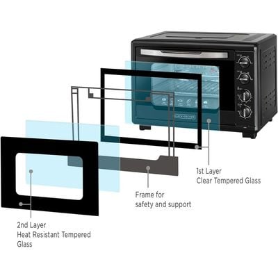 Black + Decker Electric Oven , Electric Oven, 2000W, 55L, 90-230° Temp Setting, Double Grill  & Rotisserie Function, Double Glass Door For Safety, Multiple Accessories, For Toasting/Baking/Broiling, Black, Tro55Rdg-B5