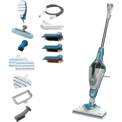 Black + Decker Steam Mop , Steam Mop, 1300W, 10-In-1, 180° Swivel Steering, Removable Water Tank, Chemical-Free Cleaning, Safe For All Sealed Floors, Anti Slip Suction, White, Fsmh13E10-B5