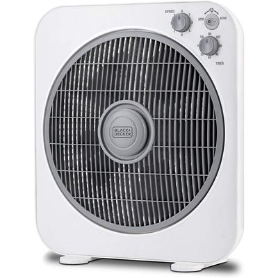 Black + Decker Box Fan , Desk Fan, 40W, 12 Inch Diameter, With Timer & 3 Speeds Low/Medium/High And 5 Blade Design, Adjustable Portable/Travel Friendly Body To Direct Swing, White, Fb1220-B5